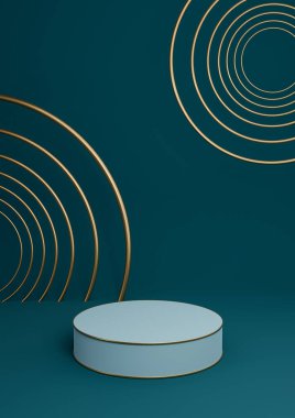 Koyu deniz mavisi, su mavisi 3D minimal ürün görüntüleme lüks silindir podyum veya ürün arkaplan soyut bileşimi altın çizgiler ve daireler