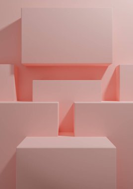 Pastel, açık kırmızı, somon pembesi 3D ürün görüntüleme arkaplanı basit, minimal, geometrik duvar kağıdı ürün fotoğrafçılığı veya reklam sunumu şablonu için podyum standı