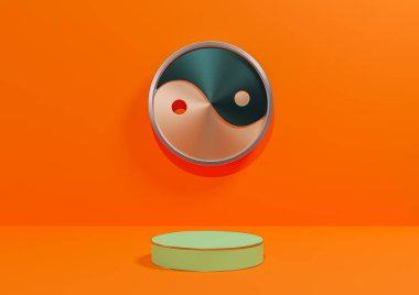 Neon turuncu, parlak kırmızı 3D ürün görüntüleme arka planı basit, metalik Yin ve Yang sembol podyumu asgari düzeyde veya altın çizgili, doğa için zemin, kozmetik, lüks ürün fotoğrafçılığı