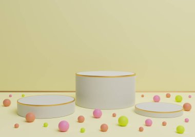 Pastel, hafif, narenciye sarısı üç podyumun üç boyutlu sunumu ürün sunumu için altın çizgiler ve renkli misketler sergileniyor.