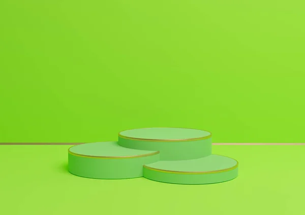 3つの表彰台で明るくネオングリーンの3Dレンダリングシンプルな製品表示や豪華な製品のための黄金のライン最小限の背景組成とスタンド — ストック写真