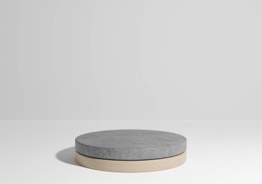 Beyaz, açık gri, siyah ve beyaz 3D basit ürün görüntüleme, doğal minimum arkaplan, betondan ve ahşaptan yapılmış silindir podyum tezgahı doğa ürünleri için.