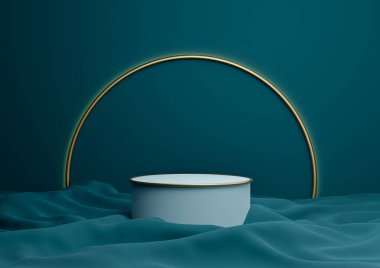 Koyu deniz mavisi, su mavisi 3D gösterişli ürün podyumu ya da arka planda altın kemer çizgisi ve açık renkli minimal kompozisyon