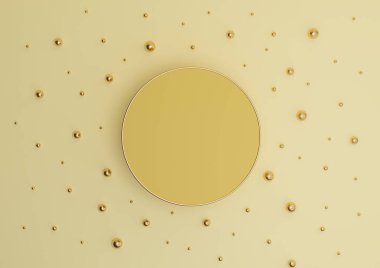 Sıcak, açık, parlak, pastel sarısı 3D sunum podyumu ya da altın ve altın mermerlerle bezenmiş düz kompozisyonu görmek için minimumda durmak yukarıdan basit bir arkaplan.