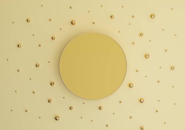 Sıcak, açık, parlak, pastel sarısı 3D sunum podyumu ya da altın ve altın mermerlerle bezenmiş düz kompozisyonu görmek için minimumda durmak yukarıdan basit bir arkaplan.