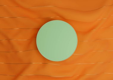 Neon turuncu, parlak kırmızı 3D sunucu lüks ürün podyumu ya da altın iplikli tekstil üzerinde dikilip üstten düz görünüm.