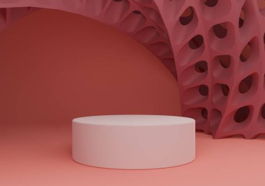 Parlak, neon, somon pembe 3D ürün görüntüsü silindir standı veya podyum ve fütüristik soyut geometrik şekiller modern arkaplan şablonu