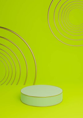 Parlak, kireç, neon yeşil 3D minimal ürün görüntüleme lüks silindir podyum veya ürün arkaplan soyut bileşimi altın çizgiler ve daireler