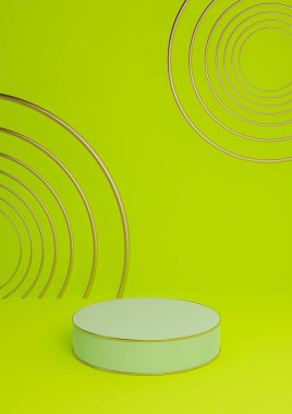 Parlak, kireç, neon yeşil 3D minimal ürün görüntüleme lüks silindir podyum veya ürün arkaplan soyut bileşimi altın çizgiler ve daireler
