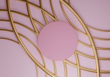 Işık, pastel, lavanta rengi, pembe 3D rendelenmiş ürün düz podyum silindiri. Kozmetik ürünler için altın çizgiler içeren lüks soyut kompozisyon. Yukarıdan en az görünüm arkaplanı yukarıda.