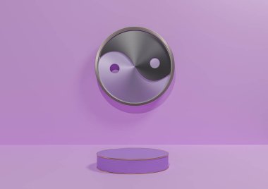 Işık, pastel, lavanta rengi mor 3D ürün görüntüleme arka planı sade, metalik Yin ve Yang sembolü minimumda veya altın çizgide durun, doğa için zemin, kozmetik, lüks ürün fotoğrafçılığı
