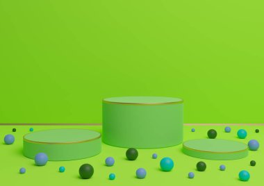 Üç podyumun parlak, neon yeşil üç boyutlu sunumu ürün sunumu veya lüks ürünler veya eğlenceli şekerler için altın çizgiler ve renkli misketler sergileniyor