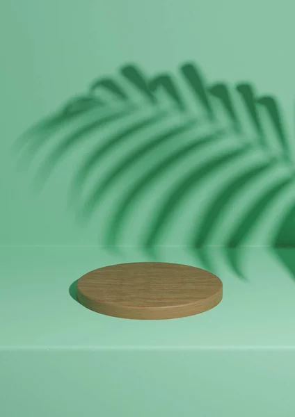 Parlak turkuaz yeşil 3D basit, asgari ahşap ürün podyumu arkaplanı ve silindir standındaki doğa ürünleri için palmiye yaprağı gölgesi.