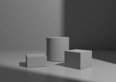 Basit Koyu Gri Üç Podyum ya da Ürün Gösterimi için Standart Beste. Sağ Taraftan Pencere Işığı ile Geometrik form 3B Hazırlama Arkaplanı.