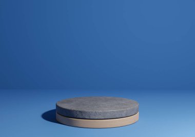 Parlak, koyu, pastel mavisi 3D basit ürün görüntüsü, doğal minimum arkaplan, beton ve ahşaptan yapılmış podyum tezgahı doğa ürünleri için.