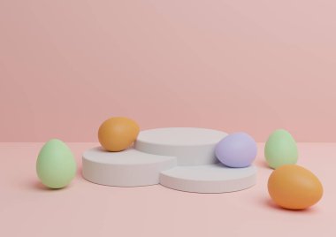 Pastel, açık kırmızı, somon pembesi... Paskalya temalı ürün podyumunun 3 boyutlu görüntülenmesi... ya da renkli yumurtalarla en aza indirgenmiş kompozisyon, birden fazla ürün için basit.