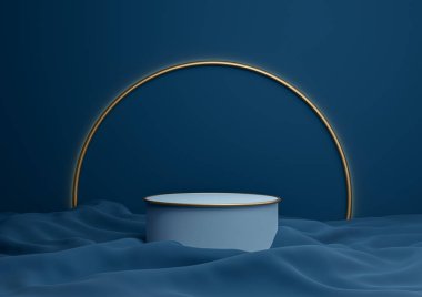 Koyu, su mavisi 3D gösterişli ürün podyumu ya da arka planda altın kemer çizgisi ve açık renkli minimal kompozisyon