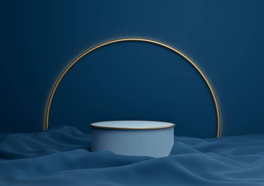Koyu, su mavisi 3D gösterişli ürün podyumu ya da arka planda altın kemer çizgisi ve açık renkli minimal kompozisyon