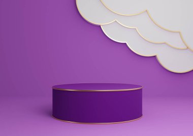 Parlak mor, menekşe rengi 3D ürün görüntüleme podyumu ya da soyut bulutlar ve altın çizgilerle ayakta durun. Minimum, basit kompozisyon arka plan silindiri.