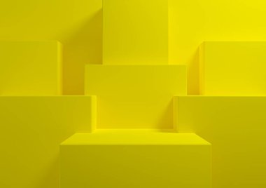 Ürün görüntüleme podyumu için basit, minimal arkaplan oluşturan parlak, neon sarısı 3D, sunum için ayakta duran geometrik arkaplan güzellik kozmetik ürünleri için şablon duvar kağıdı maketi
