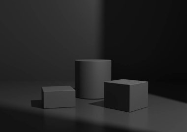 Simple Minimal Black veya Dark Gray Three Podium veya Stand Composition for Product Explay. Sağ Taraftan Pencere Işığı ile Geometrik form 3B Hazırlama Arkaplanı.