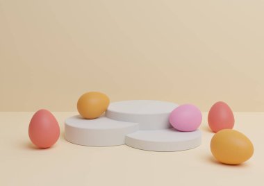 Açık bej, pastel turuncu, Paskalya temalı ürün podyumunun 3D görüntüsü ya da renkli yumurtalarla en aza indirgenmiş kompozisyon, birden fazla ürün için basit.