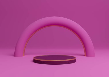 Parlak morumsu, neon pembe 3D basit ürün görüntüleme silindir podyumu ya da kemer geometrik ve lüks bir ışıltıya sahip en az altın çizgilerle ayakta durun.