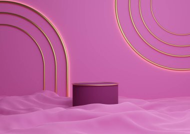 Parlak mor, neon pembesi 3D... lüks ürün görüntüleme silindiri podyumu... ya da kemerli geometrik ışıklarla en düşük kompozisyonda altın çizgilerle ayakta durun.