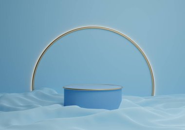 Parlak, açık mavi gökyüzü 3D lüks ürün görüntüleme podyumu ya da arka planda altın kemer çizgisi ve açık renkli minimal kompozisyon