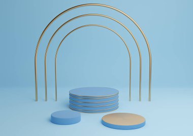 Parlak, açık mavi 3D görüntüleme basit ürün silindir podyumlar lüks altın kemer ve satır üç asgari arkaplan soyut bileşimi