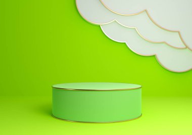 Parlak, neon yeşil 3D ürün görüntüleme podyumu ya da soyut bulutlar ve altın çizgilerle ayakta durun. Minimum, basit kompozisyon arka plan silindiri.