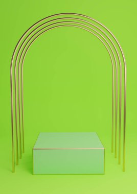 Parlak, neon yeşil 3D görüntüleme en düşük ürün küp podyumu ya da lüks altın kemerler ve altın çizgilerle ayakta durun. Basit arkaplan özeti.