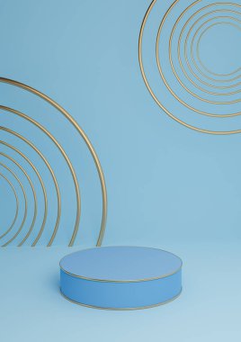Parlak, açık mavi 3D görüntüleme minimal ürün lüks silindir podyum veya ürün arkaplan soyut bileşimi altın çizgiler ve daireler
