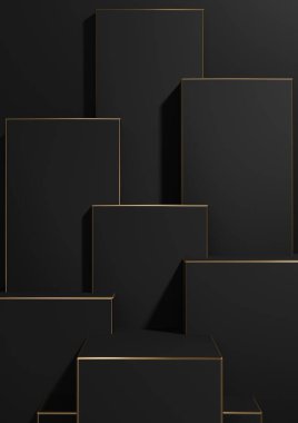 Siyah, koyu gri, siyah ve beyaz ürün 3D görüntüler basit, minimal, geometrik arkaplan ürünü ürün tanıtımı için duvar kağıdı şablonu için temel altın çizgiler sergiliyor