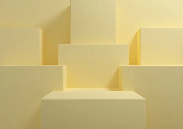 Sıcak, aydınlık, parlak, pastel sarısı 3D basit, ürün ekran podyumu için minimal arkaplan sunumu için geometrik arkaplan güzellik kozmetik ürünleri için şablon duvar kâğıdı.