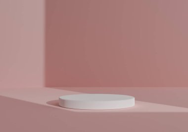 Basit, Bir Beyaz Silindir Podyumu ile Asgari 3D Hazırlama Kompozisyonu ya da Sağ Taraftan Gelen Pencere Işığını Göstermek için Soyut Gölge Pastel Pembe Arkaplanda Duruş