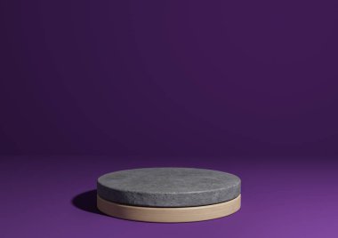 Koyu mor, mor 3 boyutlu basit ürün görüntüleme, doğal minimum arkaplan, betondan ve ahşaptan yapılmış silindir podyum standı doğa ürünleri için.