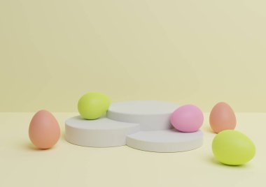 Paskalya temalı ürün podyumunun pastel, hafif, narenciye sarısı 3D sunumu ya da renkli yumurtalarla en aza indirgenmiş kompozisyon, birden fazla ürün için basit.
