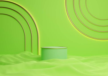 Parlak, neon yeşil 3D sunucu lüks ürün silindir podyumu ya da kemer geometrik ışıklı en düşük kompozisyonda altın çizgilerle ayakta durun