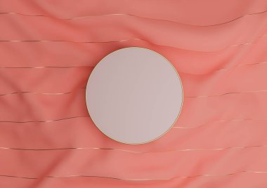 Parlak, neon, somon pembe 3D ürün sunumu podyumu ya da altın iplikli tekstil üzerinde düz düz üst görünüm