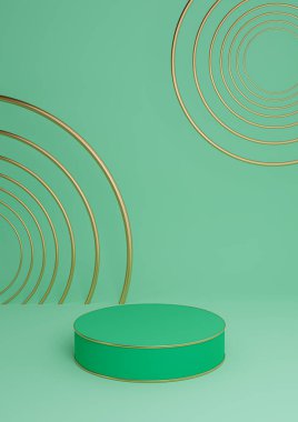 Parlak turkuaz yeşil 3D görüntüleme minimal ürün lüks silindir podyum veya ürün arkaplan soyut bileşimi altın çizgiler ve daireler