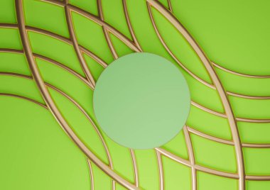 Parlak, neon yeşil 3D görüntüleme ürünü düz podyum silindiri duruş lüks soyut kompozisyon kozmetik ürünleri için altın çizgiler süslemeler yukarıdan en az görünüm arkaplan