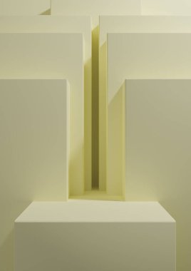 Ürün podyumu için basit, minimal, geometrik arkaplan oluşturan pastel, hafif, narenciye sarısı 3D sunum arkaplanı veya duvar kağıdı için görüntü şablonu