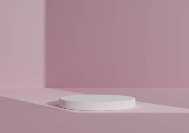 Basit, Bir Beyaz Silindir Podyumu ile Asgari 3D Hazırlama Kompozisyonu ya da Sağ Taraftan Gelen Pencere Işığını Göstermek için Soyut Gölge Pastel Pembe Arkaplanda Duruş