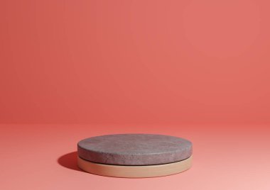 Parlak, neon, somon pembe 3D basit ürün görüntüleme, doğal minimum arkaplan, betondan ve ahşaptan yapılmış silindir podyum standı doğa ürünleri için