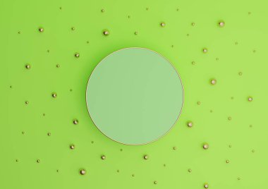 Parlak, neon yeşil 3D sunucu podyumu ya da altın ve altın misketlerle bezenmiş düz kompozisyonu görmek için minimal duruş yukarıdan basit bir arkaplan düşüşü