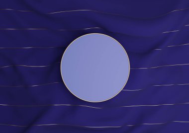 Koyu mavi 3D ürün sunma podyumu ya da altın iplikli tekstil üzerinde durarak yukarıdan düz bir görünüm oluşturur.