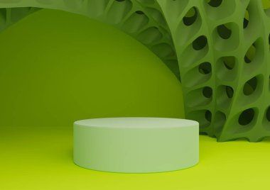 Parlak, kireç, neon yeşil 3D ürün görüntüsü silindir standı veya podyum ve fütüristik soyut geometrik şekiller modern arkaplan şablonu
