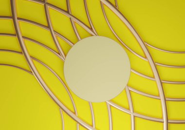 Parlak, neon sarısı 3D görüntüleme ürünü düz podyum silindiri duruş lüks soyut kompozisyon kozmetik ürünleri için altın çizgiler yukarıdan en az görünüm arkaplan