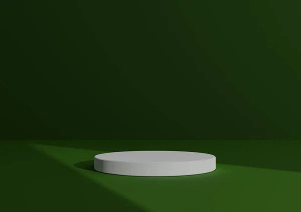 1つのホワイトシリンダーポディウムまたは抽象的な影の上に立つシンプルで最小限の3Dレンダリング組成製品表示のための暗い暖かい緑の背景製品を指す三角形の光 — ストック写真